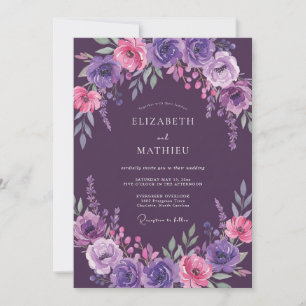 Convites Casamento com Folhas Magenta Ameixa