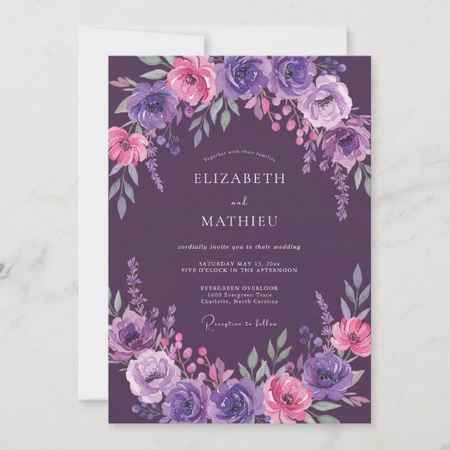 Convites Casamento com Folhas Magenta Ameixa (Frente)