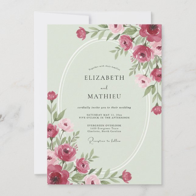 Convites Casamento com Folhas Magenta e Pistache (Frente)
