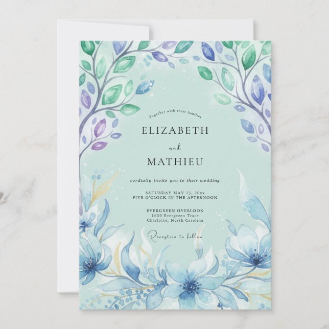 Convites Casamento com Folhas Pintadas de Azul (Frente)