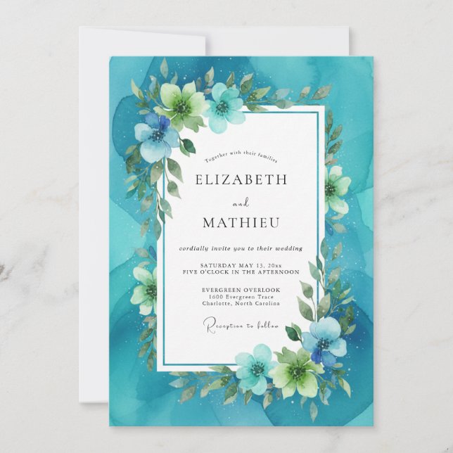 Convites Casamento com Folhas Pintadas de Azul Turquesa (Frente)