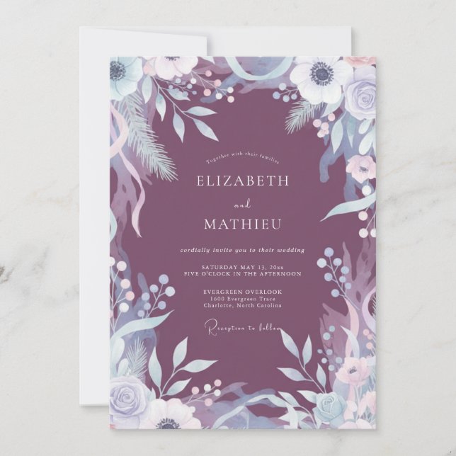 Convites Casamento com Folhas Pintadas de Bege Roxo (Frente)