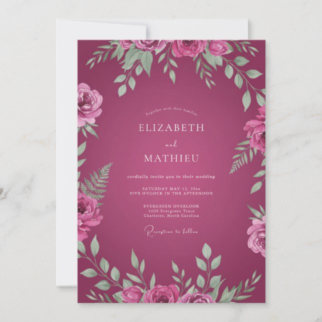 Convites Casamento com Folhas Pintadas de Magenta (Frente)