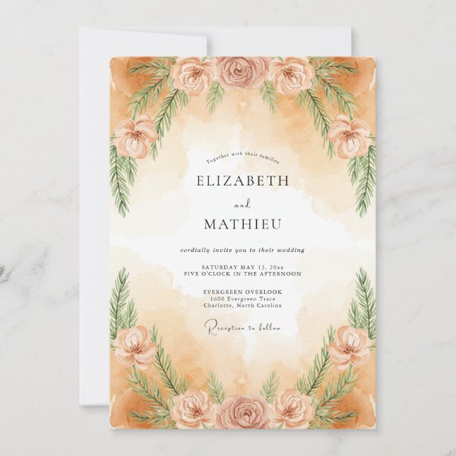 Convites Casamento com Folhas Pintadas de Pêssego Empoeirad (Frente)