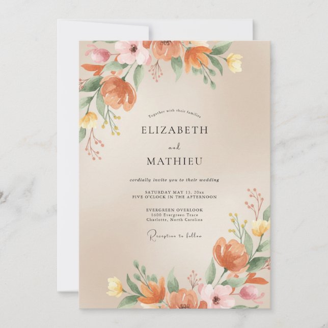 Convites Casamento com Folhas Pintadas de Terracota Quente (Frente)