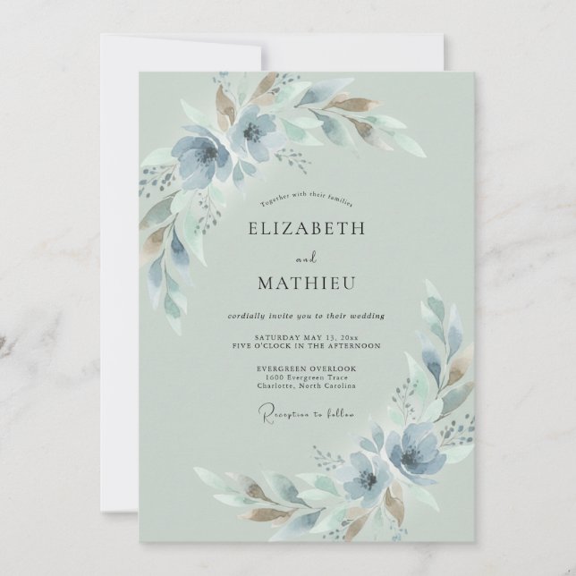 Convites Casamento com Folhas Prateadas de Ardósia (Frente)