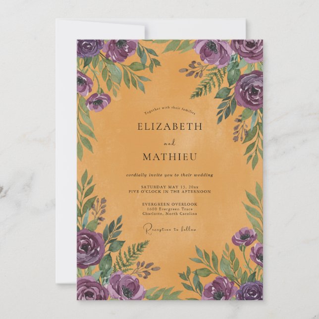 Convites Casamento com Folhas Rochosas Violeta (Frente)