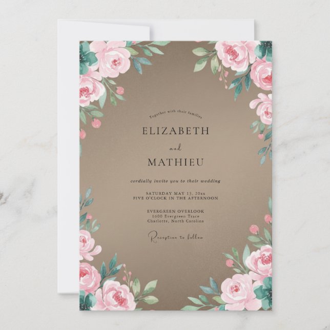 Convites Casamento com Folhas Rosa Bege (Frente)