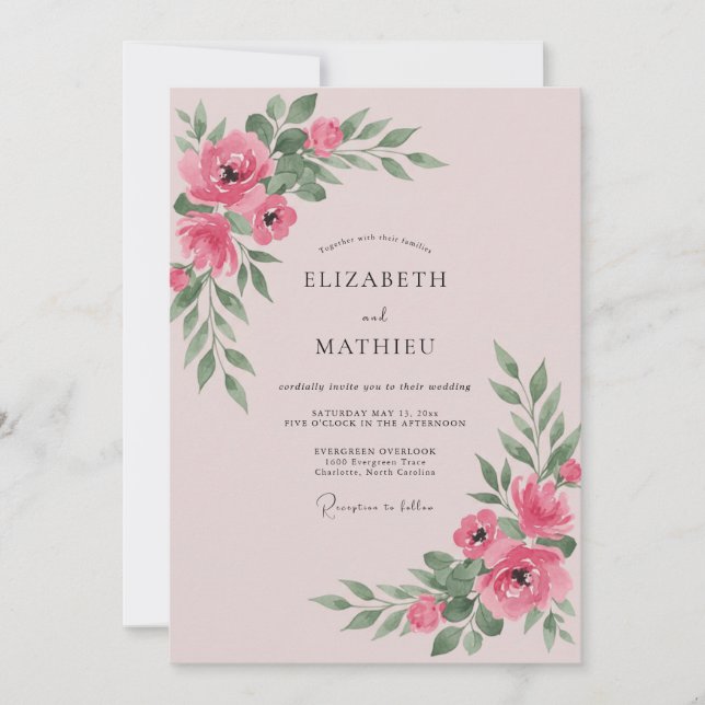 Convites Casamento com Folhas Rosa Bege (Frente)