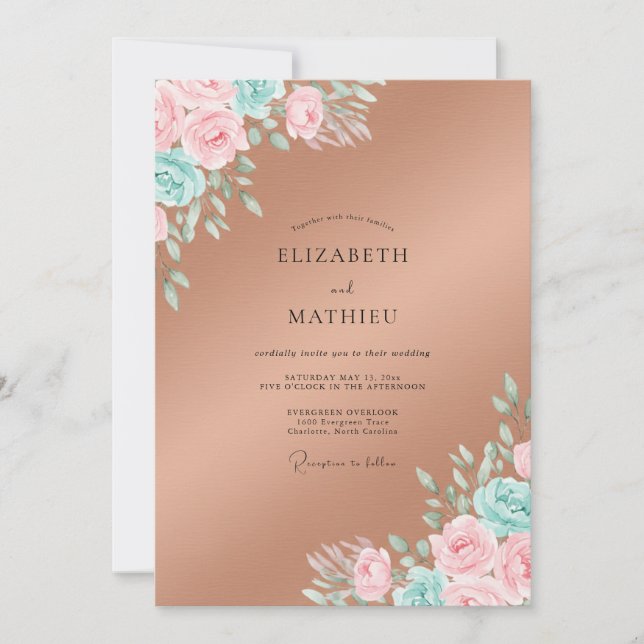 Convites Casamento com Folhas Rosa Cobre (Frente)