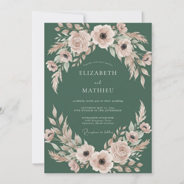 Convites Casamento com Folhas Rosa Hunter (Frente)