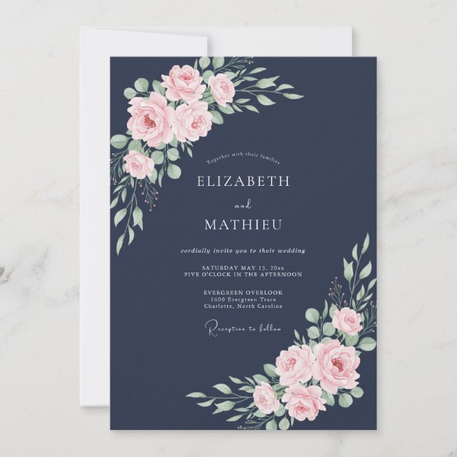 Convites Casamento com Folhas Rosa Meia-Noite (Frente)