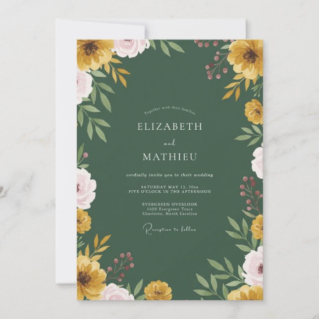 Convites Casamento com Folhas Rosa Mostarda (Frente)