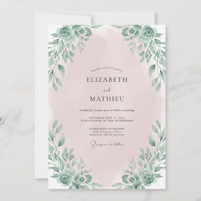 Convites Casamento com Folhas Rosa Pálido (Frente)
