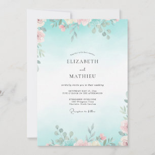 Convites Casamento com Folhas Rosa Pálido Aqua