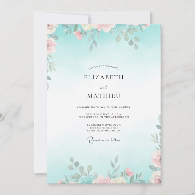 Convites Casamento com Folhas Rosa Pálido Aqua (Frente)