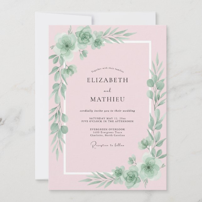 Convites Casamento com Folhas Rosa Pastel (Frente)