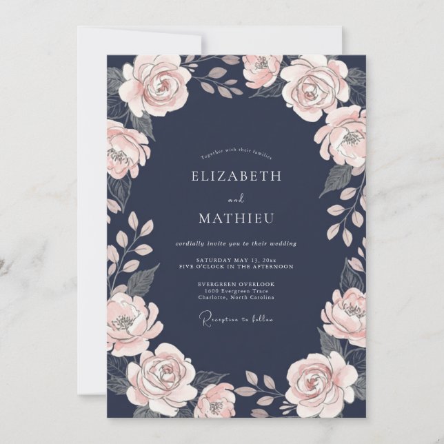 Convites Casamento com Folhas Rosa Poeira de Meia-Noite (Frente)