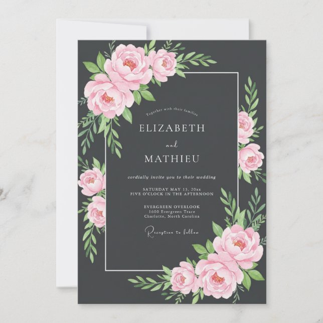 Convites Casamento com Folhas Rosa Suave em Carvão (Frente)