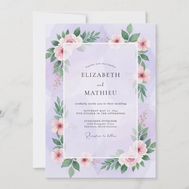 Convites Casamento com Folhas Rosadas de Lavanda (Frente)