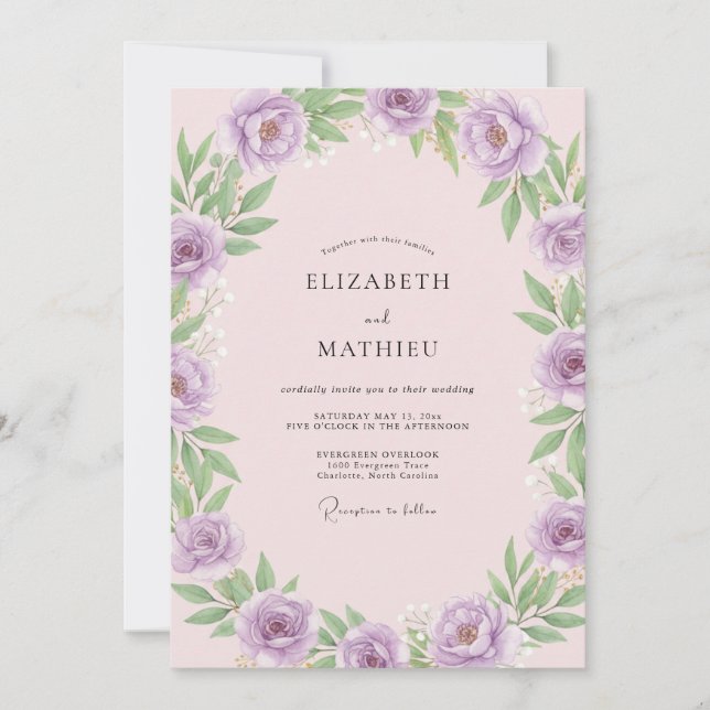 Convites Casamento com Folhas Rosadas e Lilás (Frente)
