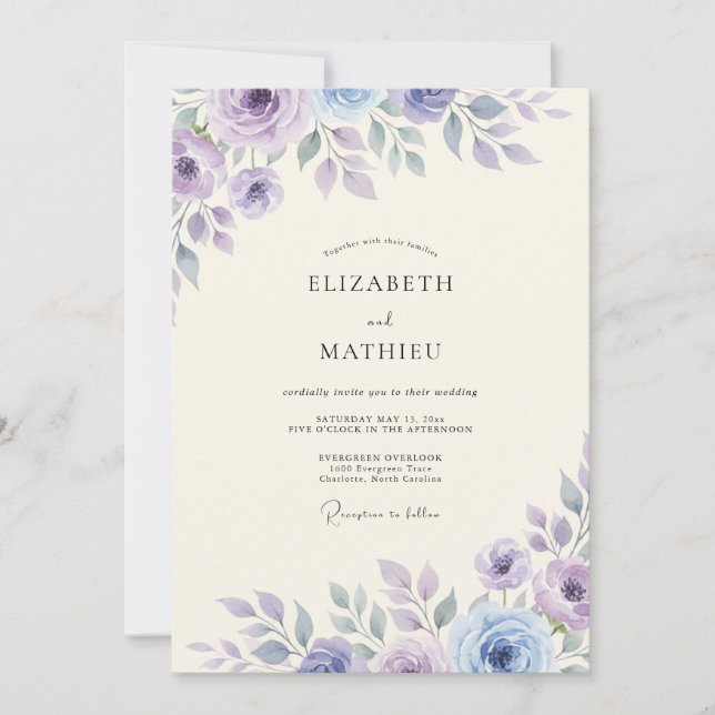 Convites Casamento com Folhas Roxas Ameixa (Frente)