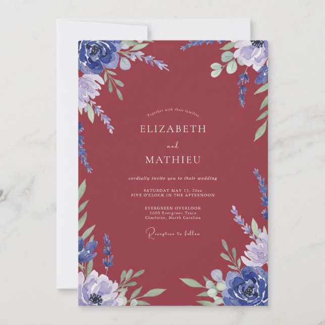 Convites Casamento com Folhas Roxas e Periwinkle (Frente)