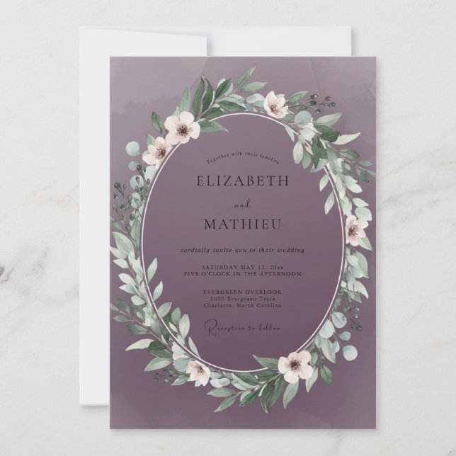 Convites Casamento com Folhas Roxas Empoeiradas (Frente)
