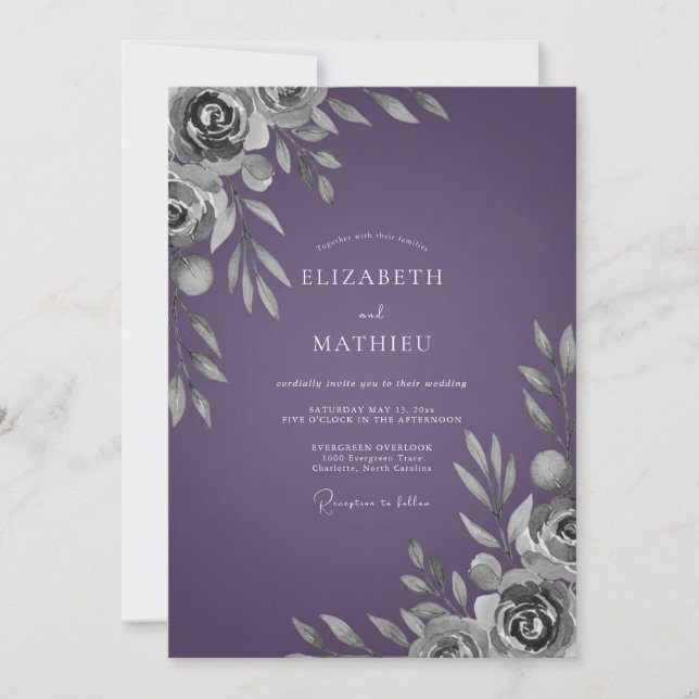Convites Casamento com Folhas Roxas Profundas (Frente)
