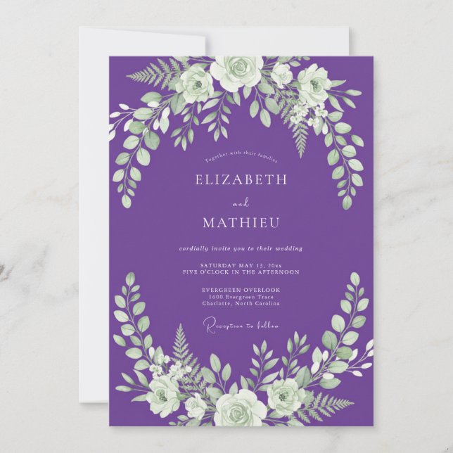 Convites Casamento com Folhas Roxas Reais (Frente)