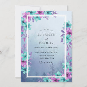 Convites Casamento com Folhas Roxas Turquesa