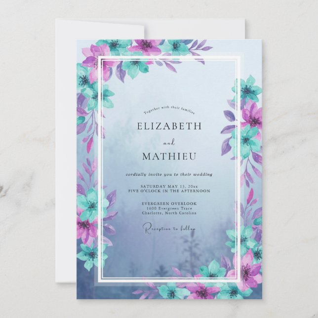 Convites Casamento com Folhas Roxas Turquesa (Frente)