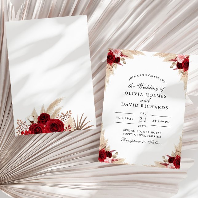 Convites Casamento com Folhas Secas e Rosa Burgundy Boho (Dry Tropical Leaves and Rose Wedding Invitation on a sunny white dry palm leaf.)