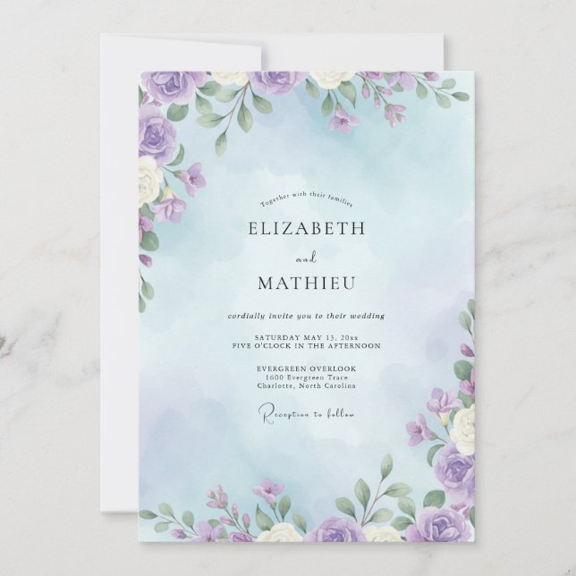 Convites Casamento com Folhas sob Céu Lilás (Frente)