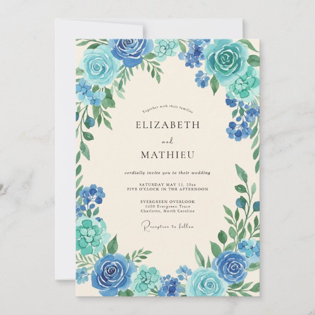 Convites Casamento com Folhas Turquesa Aqua (Frente)
