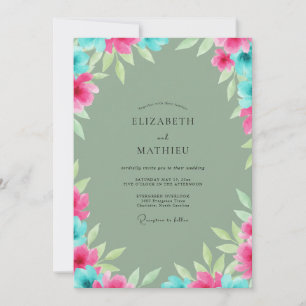 Convites Casamento com Folhas Turquesa e Magenta