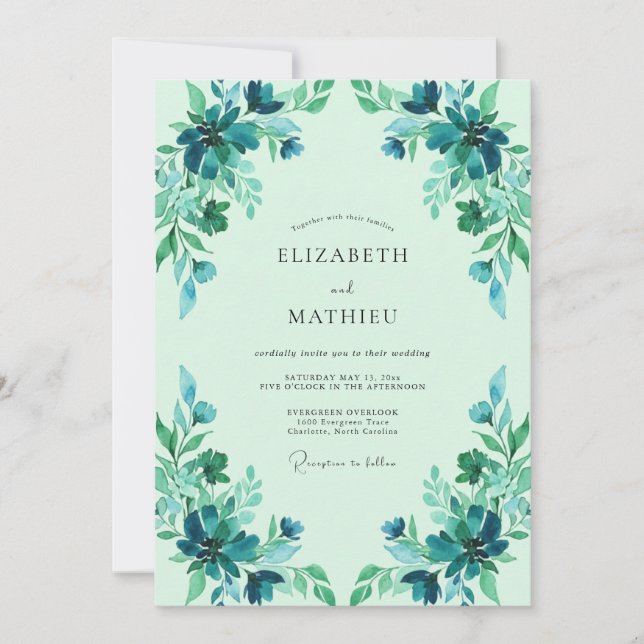 Convites Casamento com Folhas Turquesa Esmeralda (Frente)