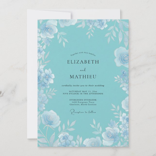 Convites Casamento com Folhas Turquesa Gelado (Frente)