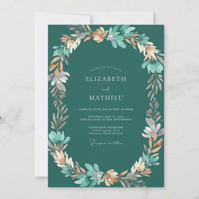 Convites Casamento com Folhas Verde-azuis Escuras (Frente)