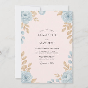 Convites Casamento com Folhas Verde-azuladas e Champanhe