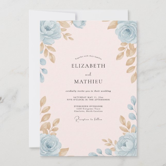 Convites Casamento com Folhas Verde-azuladas e Champanhe (Frente)