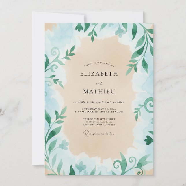 Convites Casamento com Folhas Verde-Azulado Creme (Frente)