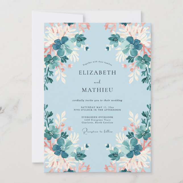 Convites Casamento com Folhas Verde-azulado Esverdeado (Frente)