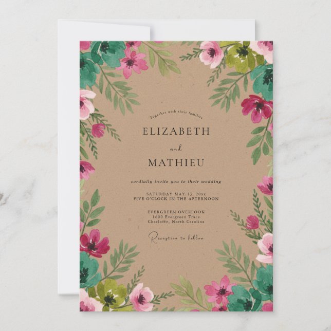 Convites Casamento com Folhas Verde Rosa (Frente)