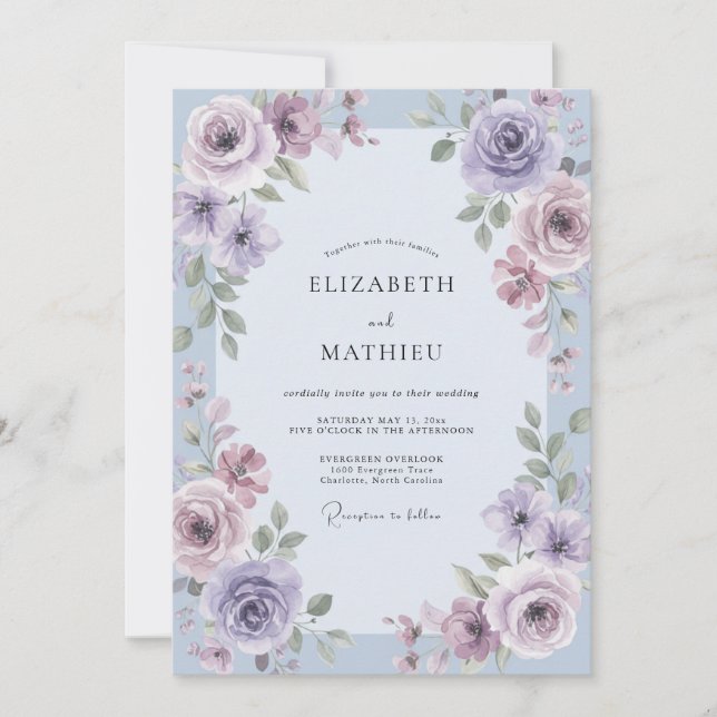 Convites Casamento com Folhas Violeta e Violeta Roxa (Frente)
