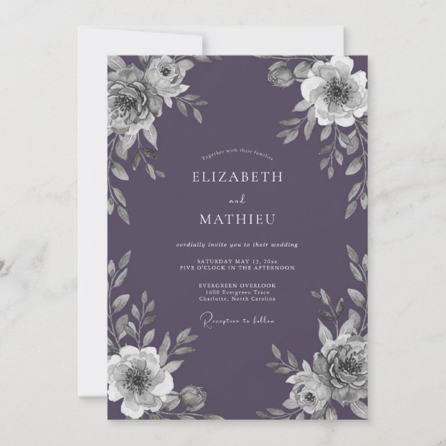 Convites Casamento com Folhas Violeta Empoeiradas (Frente)