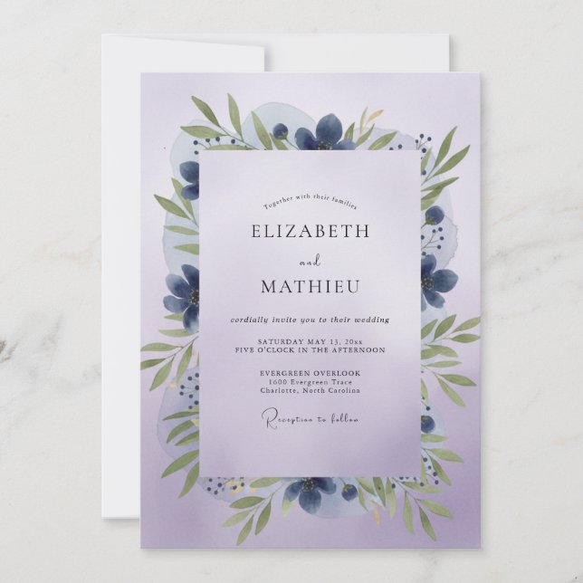 Convites Casamento com Folhas Violeta Índigo (Frente)