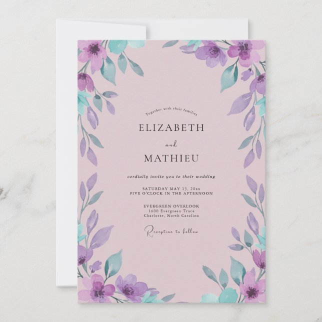 Convites Casamento com Folhas Violeta Malva (Frente)