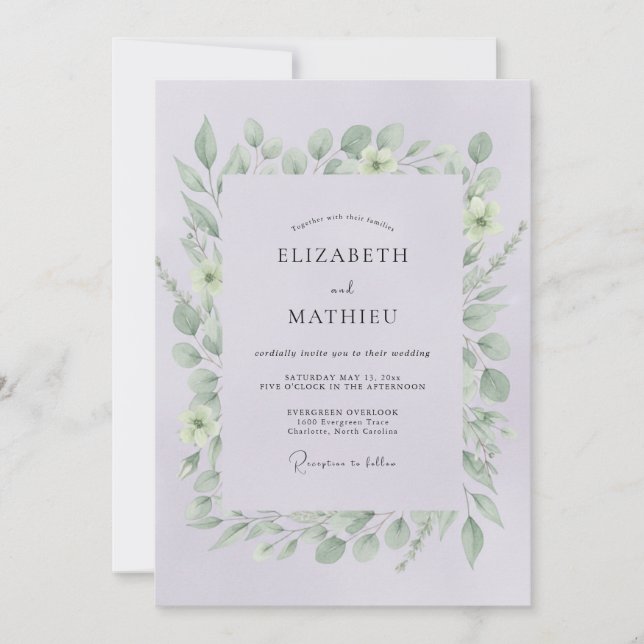 Convites Casamento com Folhas Violeta Pálido (Frente)