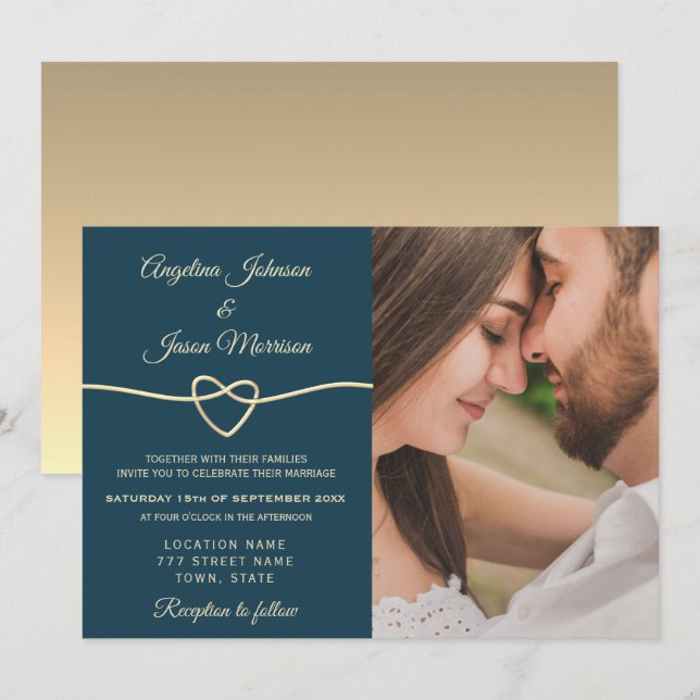 Convites Casamento com Foto Azul Romântico (Frente/Verso)